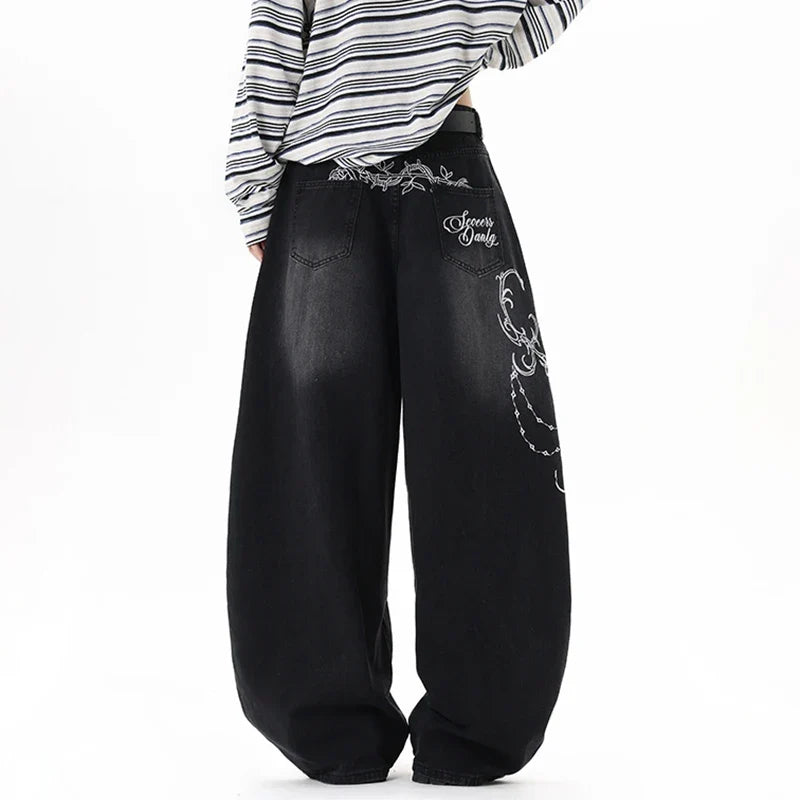 Scroll Embroidered Jeans – Unisex Baggy Wide Leg Denim