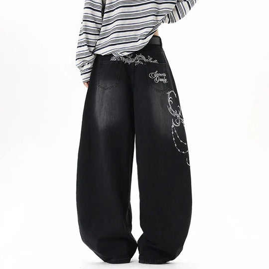 Scroll Embroidered Jeans – Unisex Baggy Wide Leg Denim