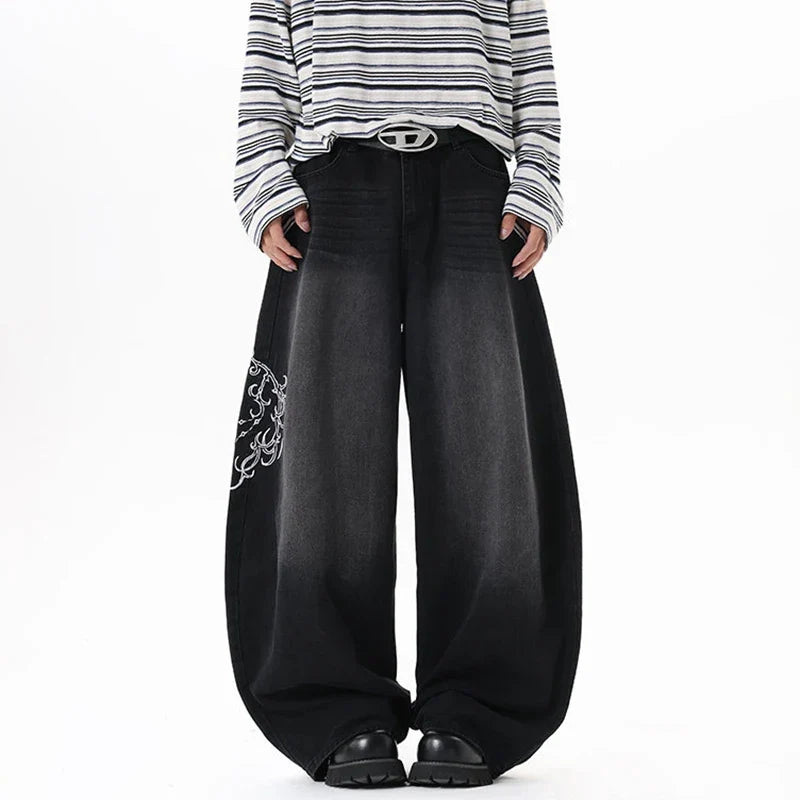 Scroll Embroidered Jeans – Unisex Baggy Wide Leg Denim