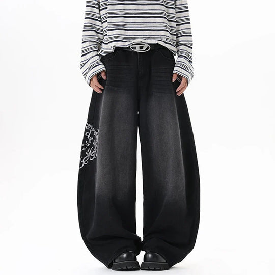 Scroll Embroidered Jeans – Unisex Baggy Wide Leg Denim