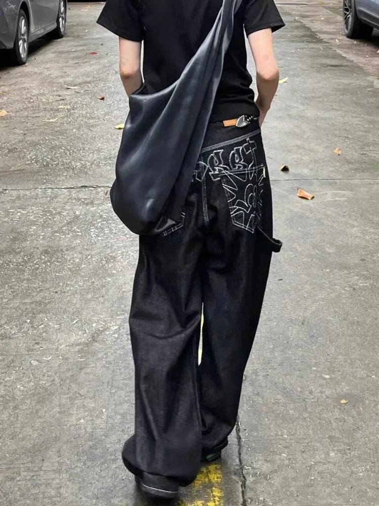 Embroidered Baggy Jeans – Unisex Back-Pocket Relaxed Denim