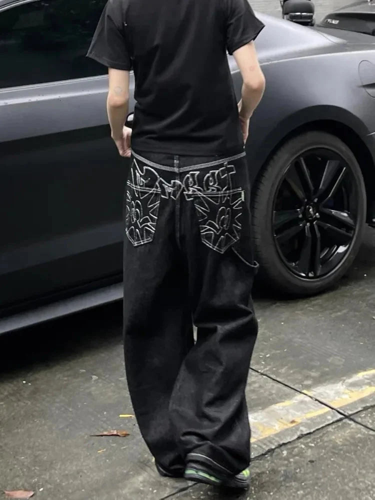 Embroidered Baggy Jeans – Unisex Back-Pocket Relaxed Denim