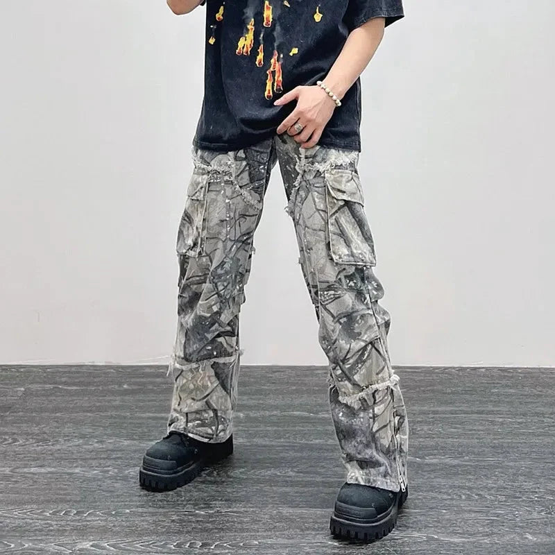 Camo Cargo Jeans – Men's Baggy Wide-Leg Denim Utility Pants