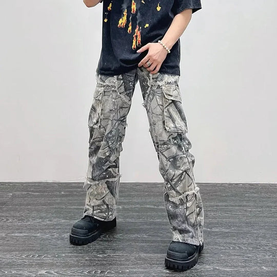 Camo Cargo Jeans – Men's Baggy Wide-Leg Denim Utility Pants