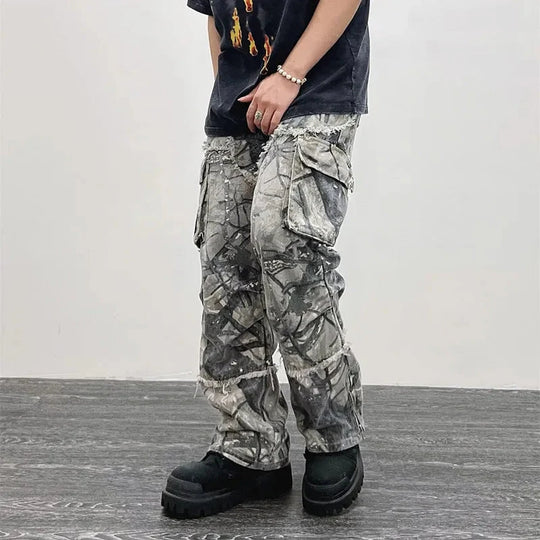 Camo Cargo Jeans – Men's Baggy Wide-Leg Denim Utility Pants