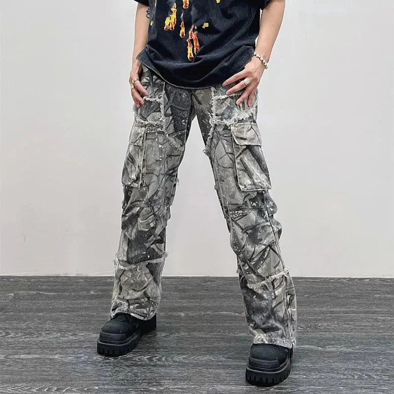 Camo Cargo Jeans – Men's Baggy Wide-Leg Denim Utility Pants