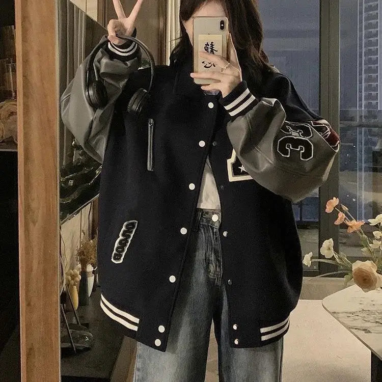 Varsity Jacket – Women's Baggy Faux Leather Sleeve Coat