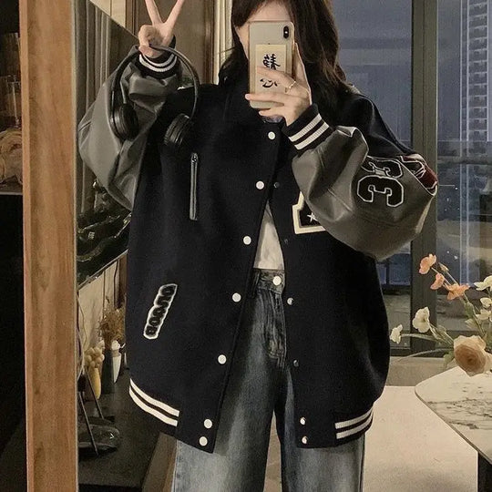 Varsity Jacket – Women's Baggy Faux Leather Sleeve Coat
