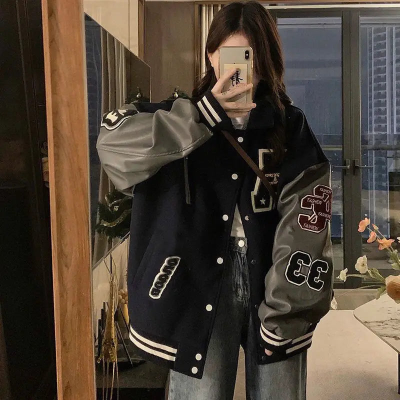 Varsity Jacket – Women's Baggy Faux Leather Sleeve Coat