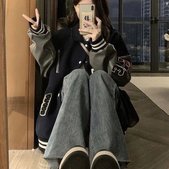 Varsity Jacket – Women's Baggy Faux Leather Sleeve Coat