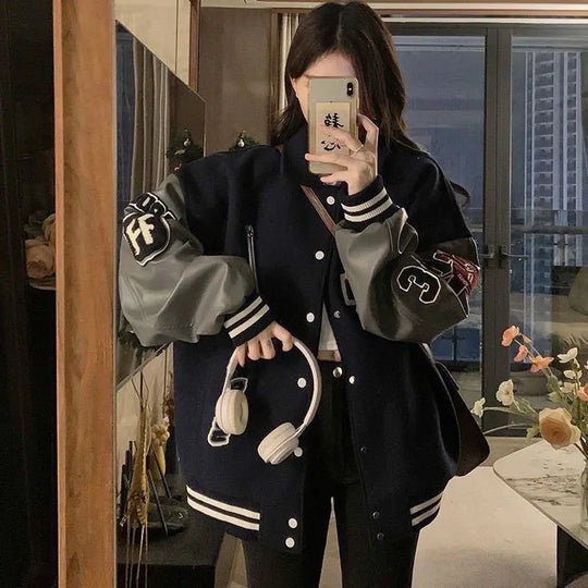 Varsity Jacket – Women's Baggy Faux Leather Sleeve Coat
