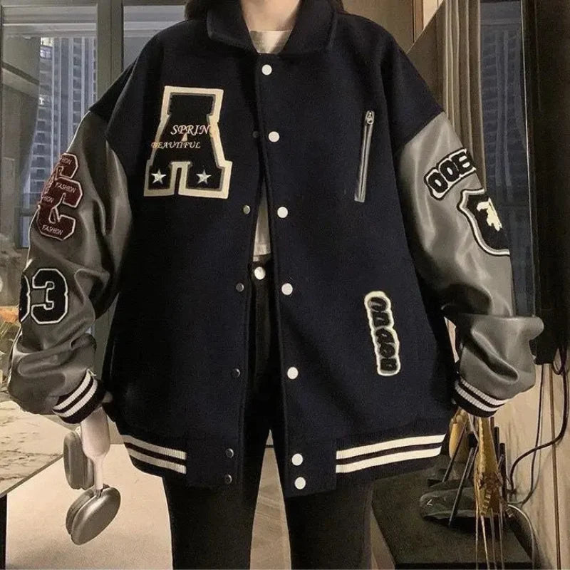 Varsity Jacket – Women's Baggy Faux Leather Sleeve Coat