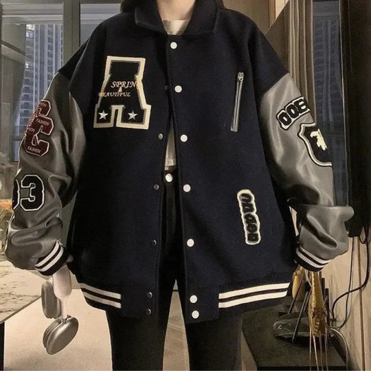 Varsity Jacket – Women's Baggy Faux Leather Sleeve Coat