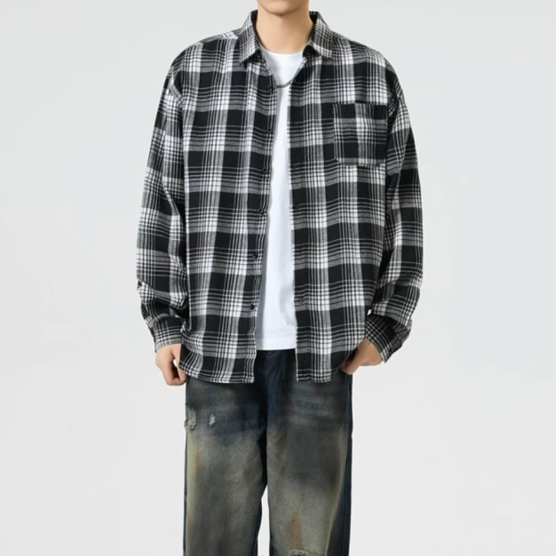 Plaid Flannel Shirt – Men's Baggy Long Sleeve Button-Up