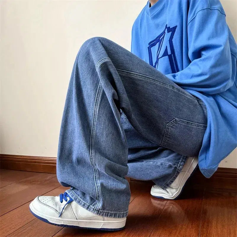Washed Straight-Leg Jeans – Men's Baggy Relaxed Denim Fit