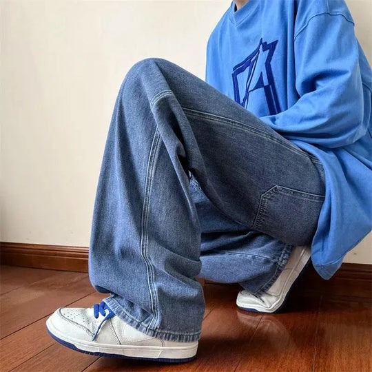 Washed Straight-Leg Jeans – Men's Baggy Relaxed Denim Fit