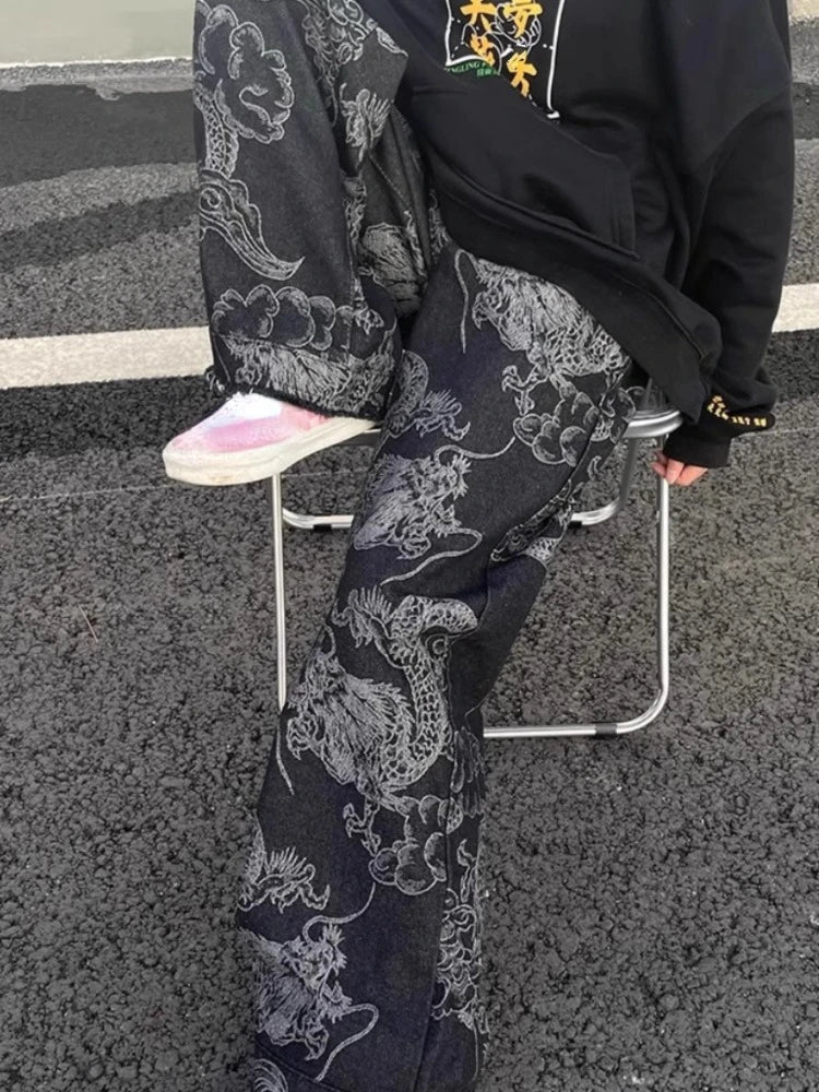Dragon Print Wide-Leg Jeans – Unisex High-Waist Straight Denim