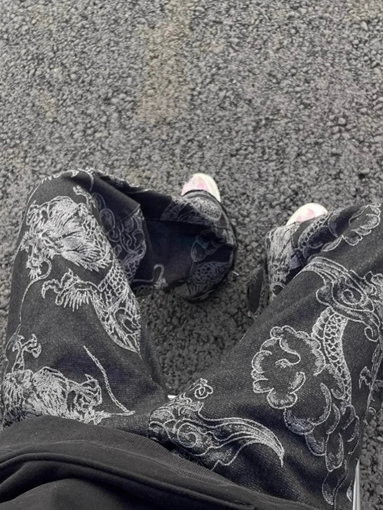 Dragon Print Wide-Leg Jeans – Unisex High-Waist Straight Denim
