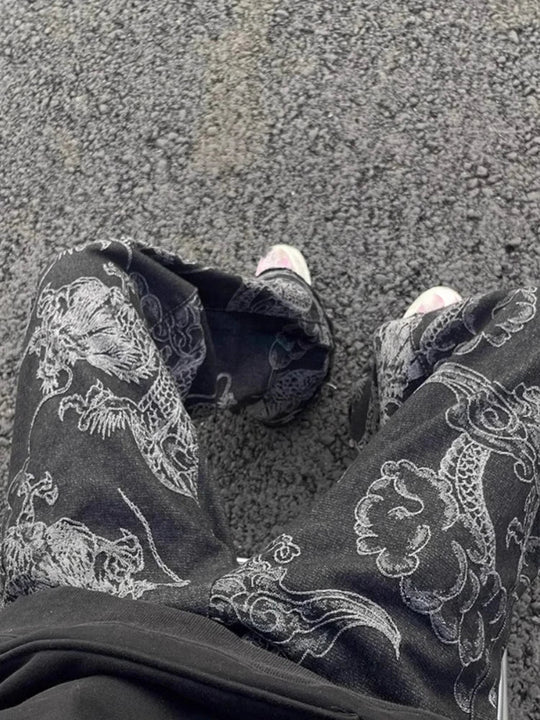 Dragon Print Wide-Leg Jeans – Unisex High-Waist Straight Denim