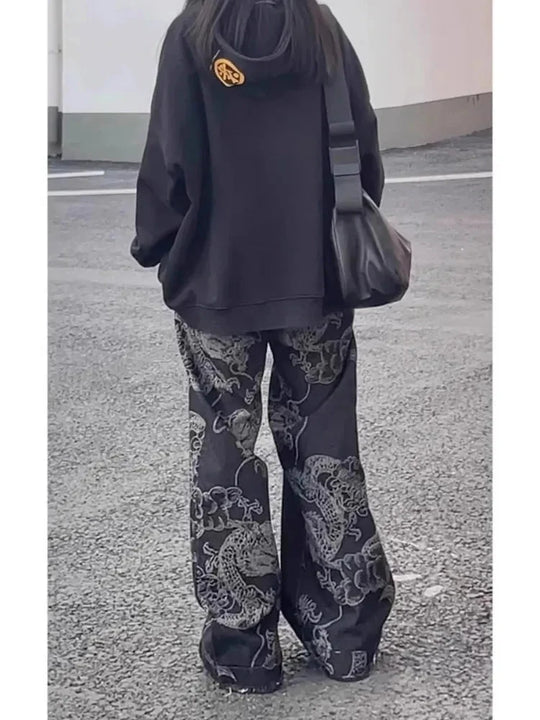 Dragon Print Wide-Leg Jeans – Unisex High-Waist Straight Denim