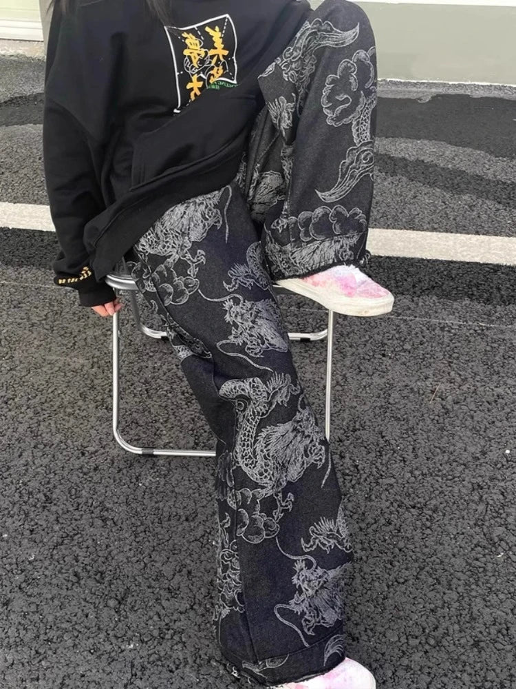 Dragon Print Wide-Leg Jeans – Unisex High-Waist Straight Denim