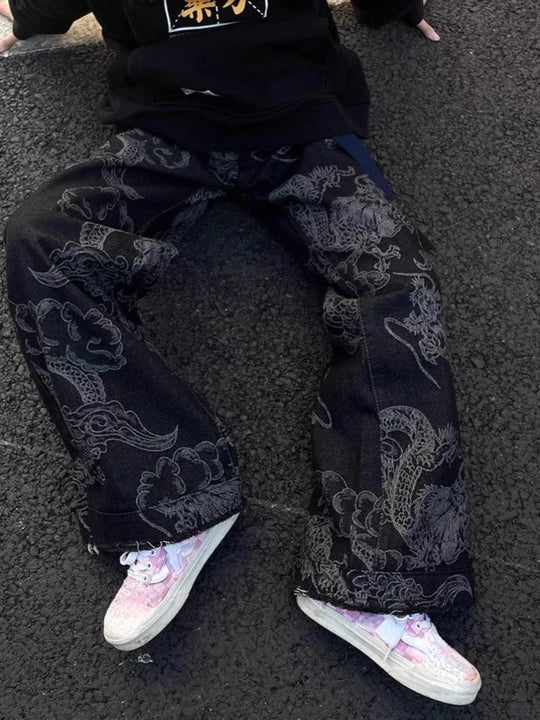 Dragon Print Wide-Leg Jeans – Unisex High-Waist Straight Denim