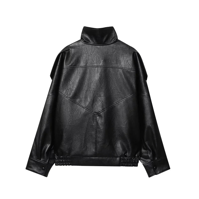 Snap Button Leather Jacket – Women's Oversized Funnel Neck Coat