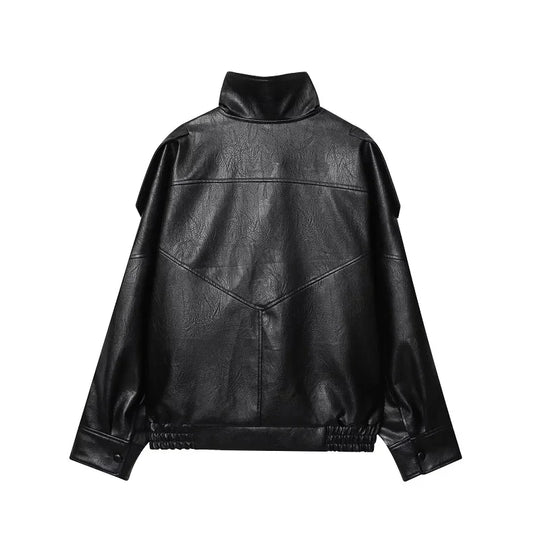 Snap Button Leather Jacket – Women's Oversized Funnel Neck Coat