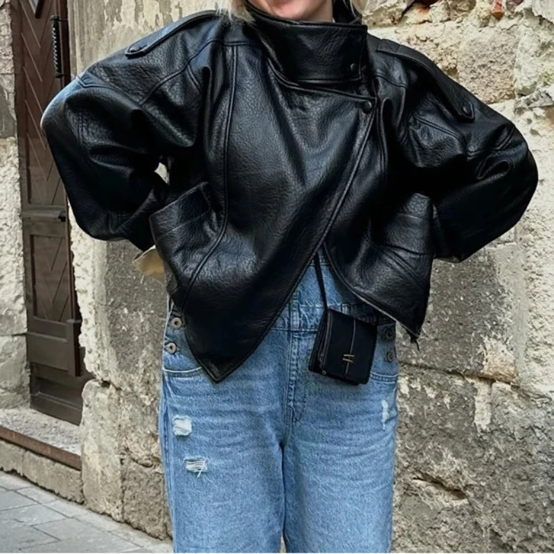 Snap Button Leather Jacket – Women's Oversized Funnel Neck Coat