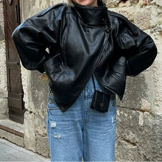 Snap Button Leather Jacket – Women's Oversized Funnel Neck Coat