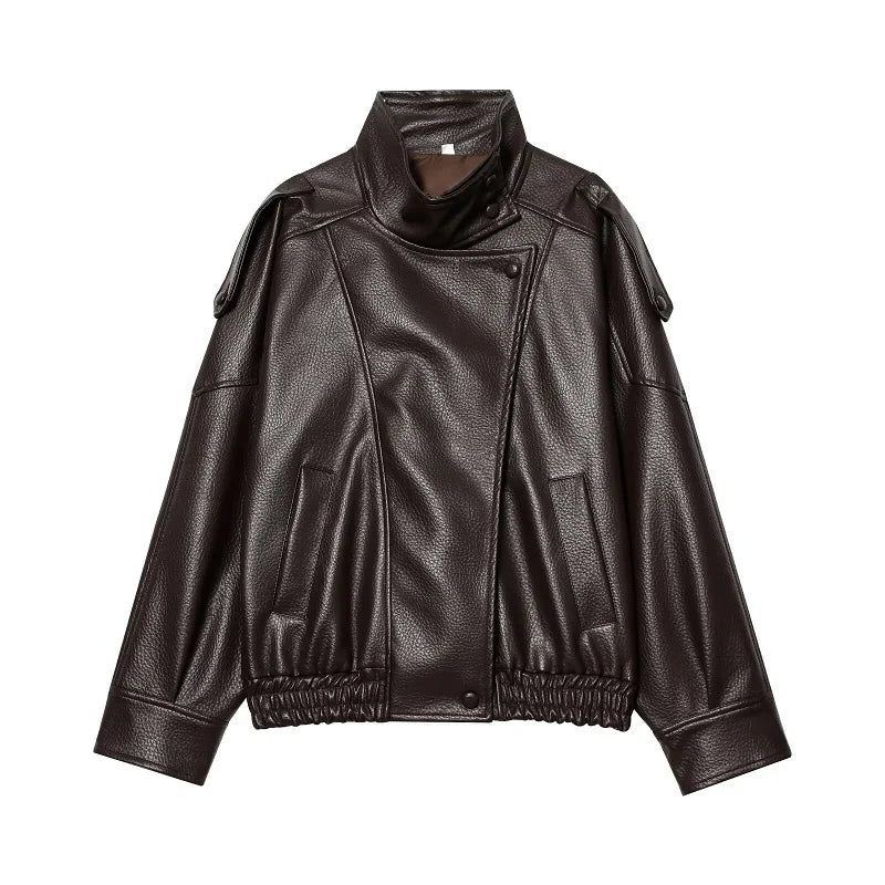 Snap Button Leather Jacket – Women's Oversized Funnel Neck Coat