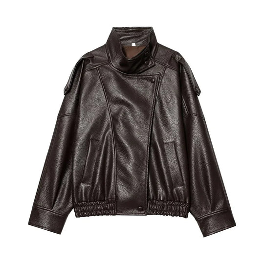 Snap Button Leather Jacket – Women's Oversized Funnel Neck Coat