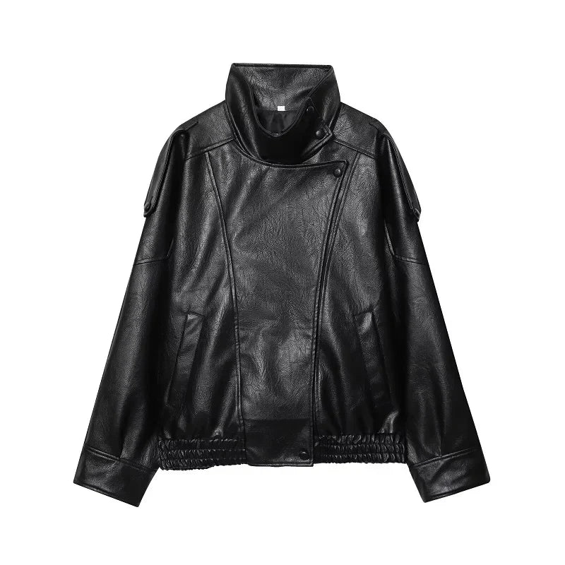 Snap Button Leather Jacket – Women's Oversized Funnel Neck Coat