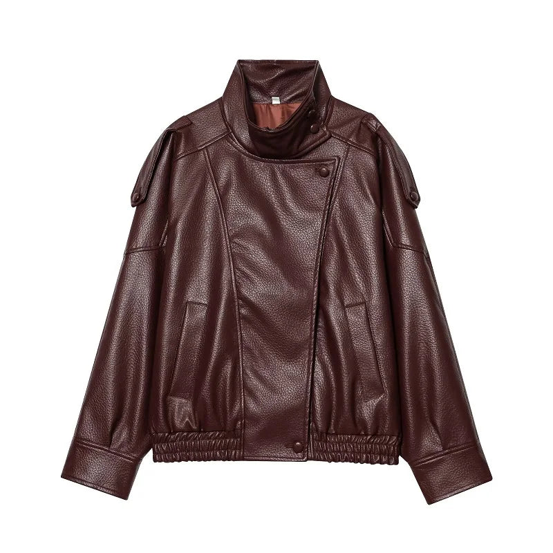 Snap Button Leather Jacket – Women's Oversized Funnel Neck Coat
