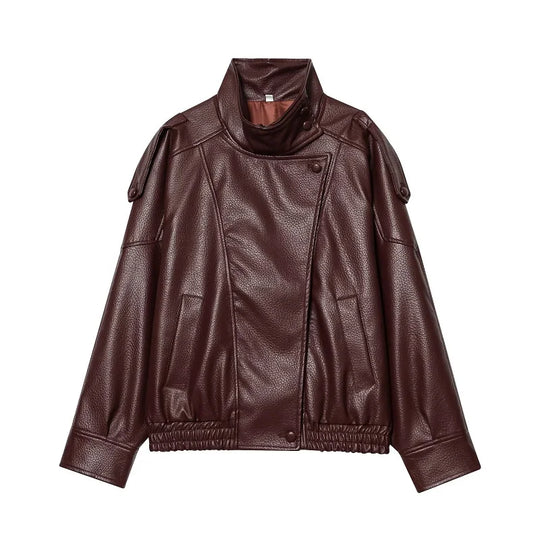 Snap Button Leather Jacket – Women's Oversized Funnel Neck Coat