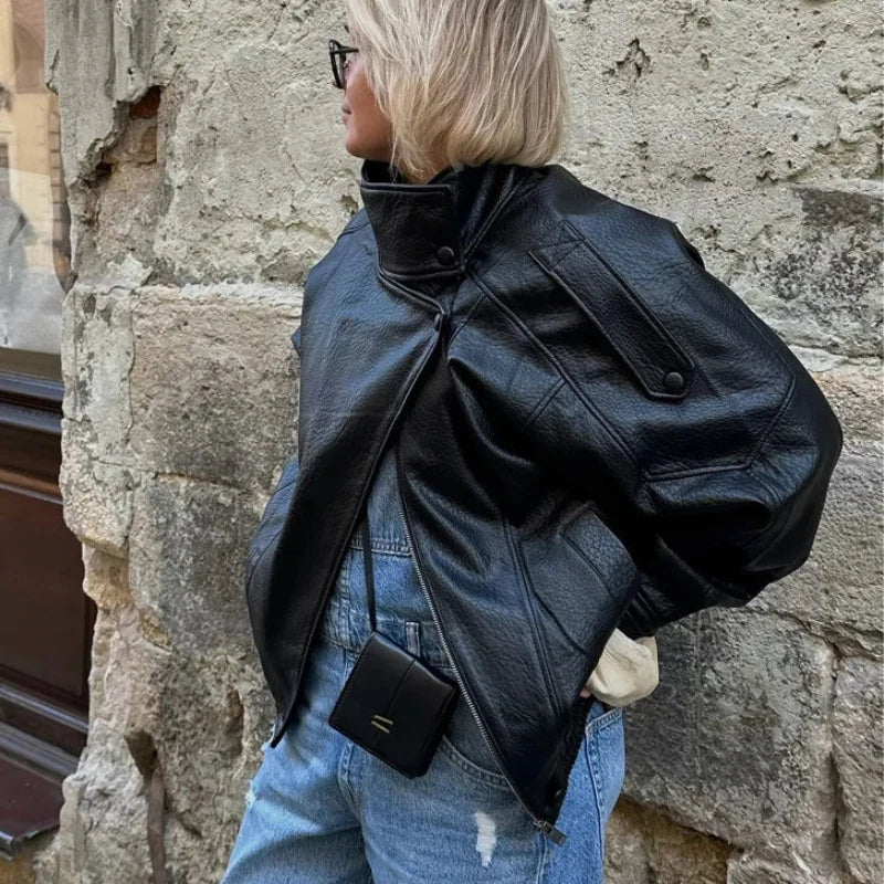 Snap Button Leather Jacket – Women's Oversized Funnel Neck Coat