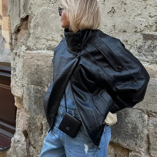 Snap Button Leather Jacket – Women's Oversized Funnel Neck Coat