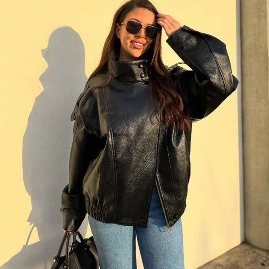 Button Front Leather Jacket – Women's Oversized Bomber Coat
