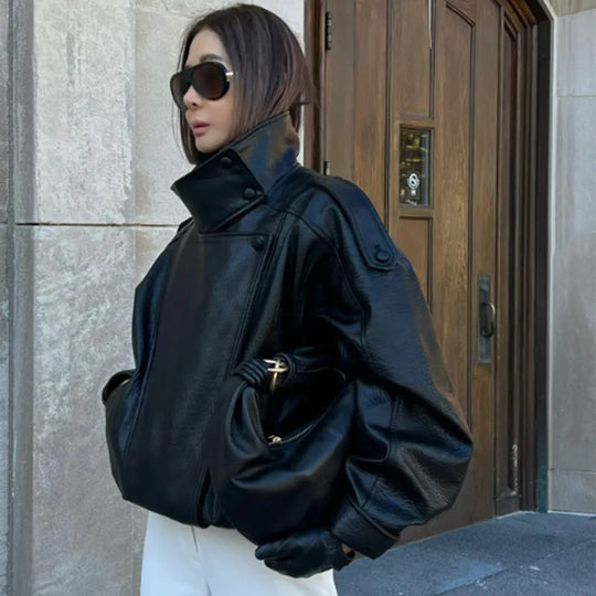 Button Front Leather Jacket – Women's Oversized Bomber Coat
