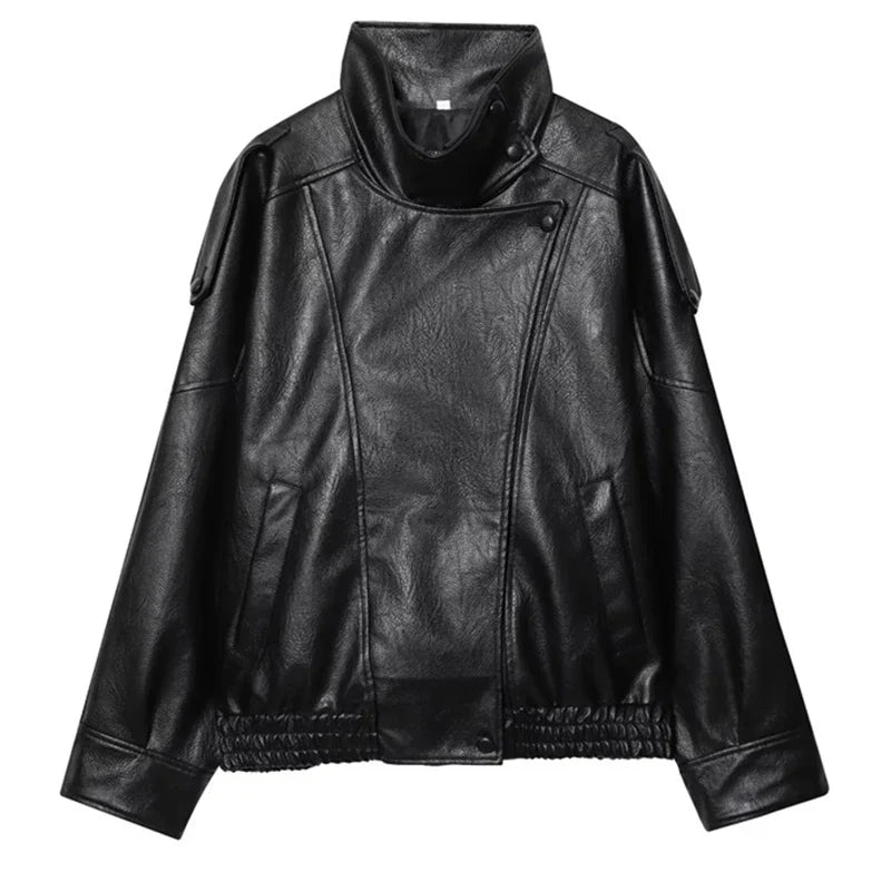 Button Front Leather Jacket – Women's Oversized Bomber Coat