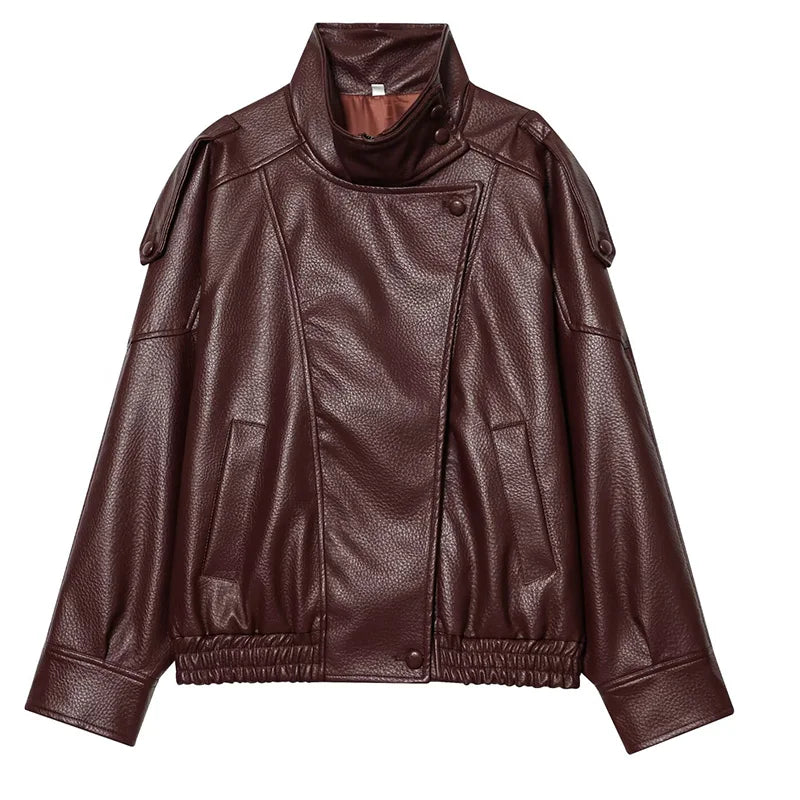 Button Front Leather Jacket – Women's Oversized Bomber Coat