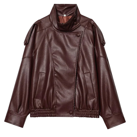 Button Front Leather Jacket – Women's Oversized Bomber Coat