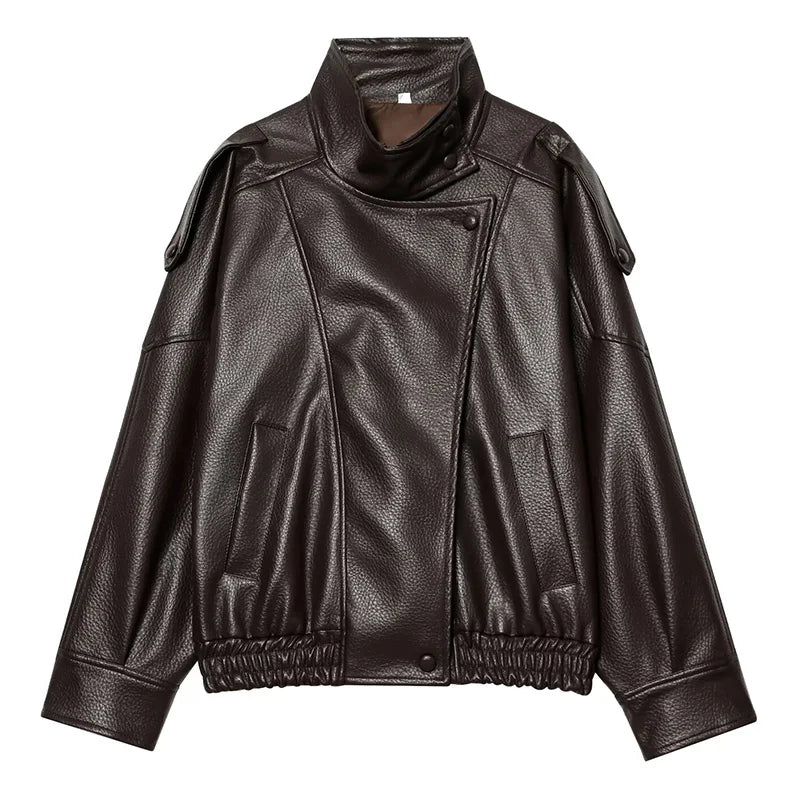 Button Front Leather Jacket – Women's Oversized Bomber Coat