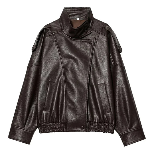 Button Front Leather Jacket – Women's Oversized Bomber Coat