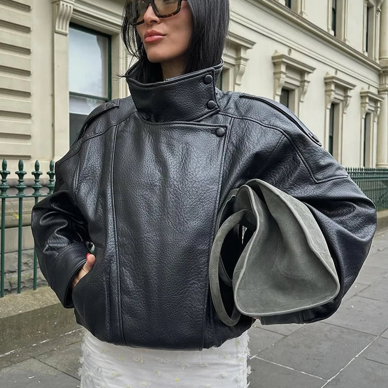 Button Front Leather Jacket – Women's Oversized Bomber Coat