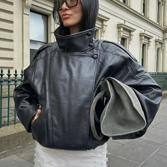 Button Front Leather Jacket – Women's Oversized Bomber Coat