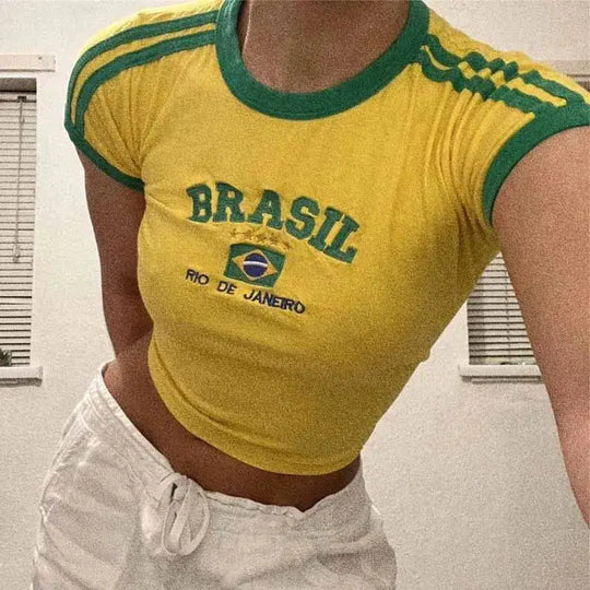 Brazil Striped Baby Tee – Women's Fitted Crop Top