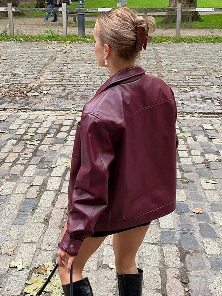 Burgundy Leather Jacket – Women's Pointed Collar Coat