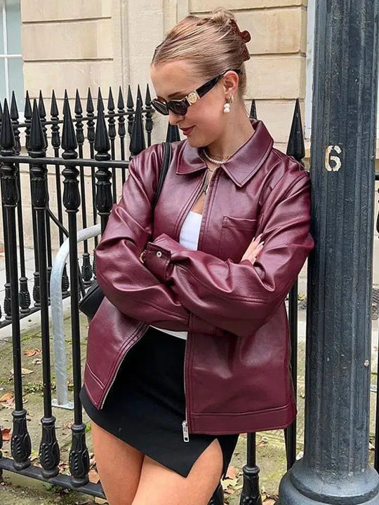 Burgundy Leather Jacket – Women's Pointed Collar Coat