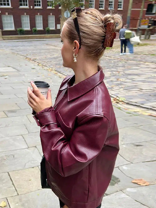 Burgundy Leather Jacket – Women's Pointed Collar Coat